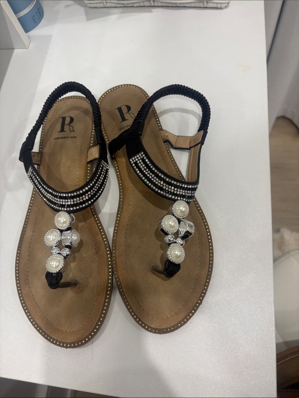 Black Pearl-Embellished T-Strap Women's Sandals